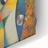 Close-up of an abstract figurative acrylic artwork on glass, showcasing vibrant colors and intricate details, ideal for modern home decor.