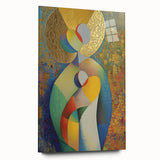 Abstract figurative acrylic artwork displayed in a side view, showcasing vibrant colors and fluid shapes on a glass surface, perfect for modern decor.