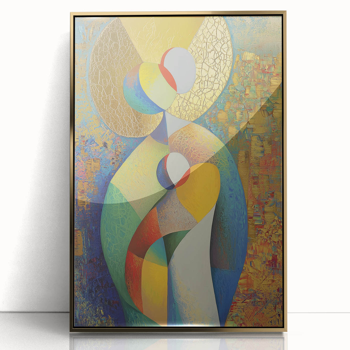 Abstract figurative artwork framed in gold, showcasing vibrant colors and dynamic shapes, perfect for modern home decor or artistic display.