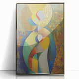 Framed abstract figurative art piece with silver accents, showcasing dynamic shapes and fluid lines, perfect for modern home decor.