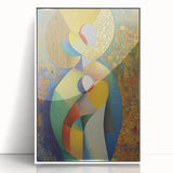 Framed abstract figurative artwork in white acrylic, showcasing vibrant colors and dynamic shapes, perfect for modern home decor. Ideal for adding a contemporary touch to living spaces.