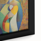 Close-up of a vibrant abstract figurative framed canvas artwork, showcasing bold colors and intricate details, ideal for modern home decor and artistic expression.