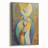 Abstract figurative framed canvas artwork with a gold border, showcasing a modern design that adds elegance to any interior décor, viewed from the side.