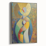 Framed abstract figurative canvas art in silver frame, showcasing vibrant colors and intricate details, perfect for modern home decor or gallery settings.