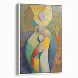 Abstract figurative framed canvas art showcasing a blend of vibrant colors and dynamic shapes, displayed from a side view against a white backdrop.