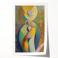 Abstract figurative art print in vibrant colors, depicting dynamic shapes and forms, rolled and ready for display, highlighting modern artistic expression.
