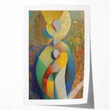 Abstract figurative art print in vibrant colors, depicting dynamic shapes and forms, rolled and ready for display, highlighting modern artistic expression.