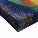 Vibrant close-up of an abstract figurative stretched canvas artwork, showcasing bold colors and dynamic shapes, perfect for contemporary home decor.