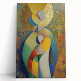 Abstract figurative stretched canvas artwork featuring vibrant colors and dynamic shapes, leaning against a wall, ideal for modern home decor and artistic spaces.