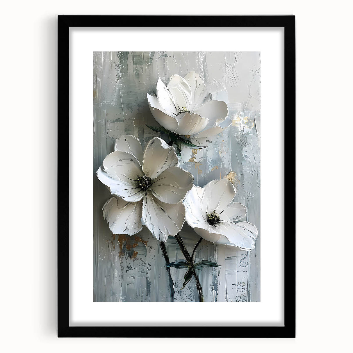 Abstract floral wall art framed in black with a white mat, showcasing vibrant colors and intricate patterns, perfect for modern home decor.