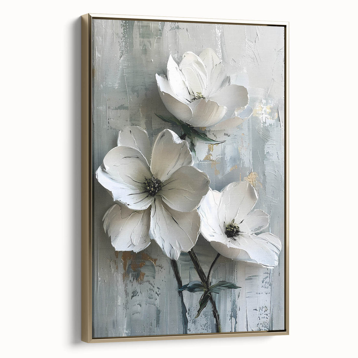 Framed canvas wall art showcasing an abstract floral design in vibrant colors, accented with a gold frame, ideal for modern home decor.