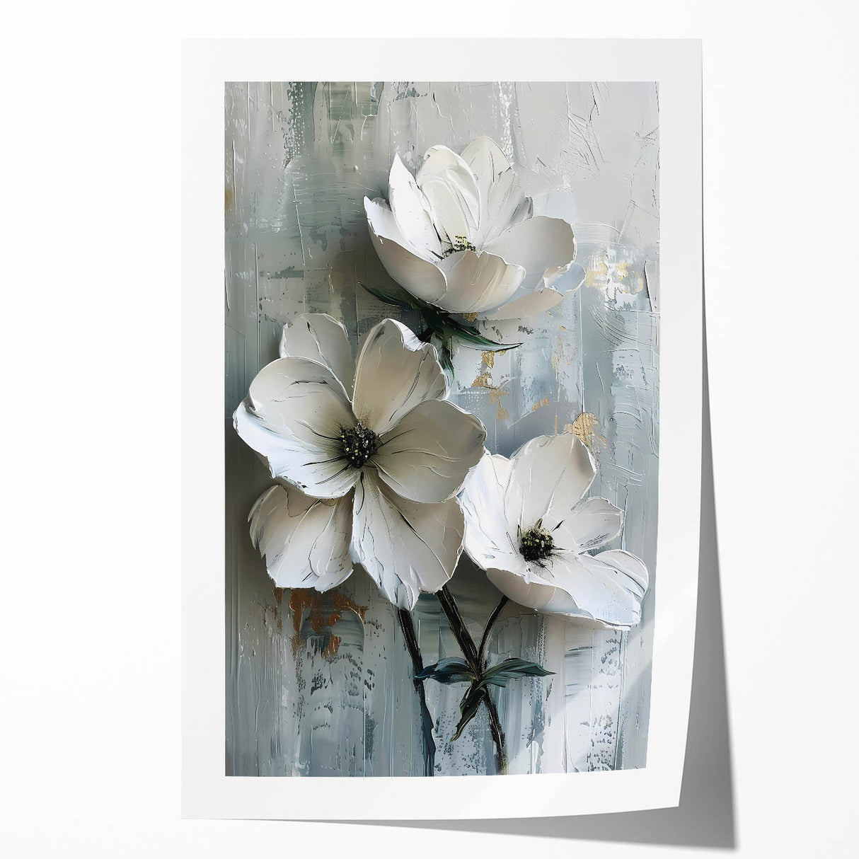 Abstract floral wall art print showcasing vibrant colors and intricate designs, rolled and ready for display. Ideal for modern home decor.