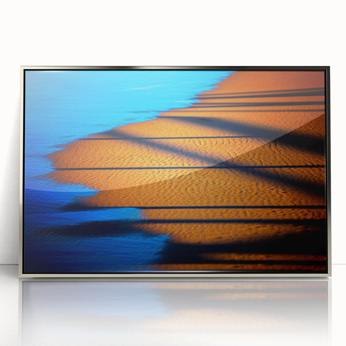 Framed abstract landscape wall art in silver acrylic, showcasing vibrant colors and intricate textures, ideal for modern home decor and artistic interiors.