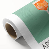 Art deco poster featuring stylized food and drink illustrations on rolled canvas, in muted pastel colors.