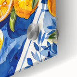 Large abstract wall art featuring assorted fruits in vibrant colors on acrylic glass, suitable for dining room decor.