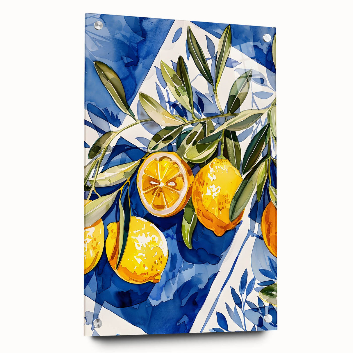 Large abstract wall art featuring an assortment of fruits in vibrant colors on acrylic glass, ideal for dining room decor.
