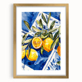 Extra large abstract art print with textured fruits in vibrant colors on a gold-framed canvas, ideal for living room decor.