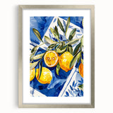 Textured art depicting abstract fruit designs in vibrant colors, framed with a silver mat, ideal for bedroom art.