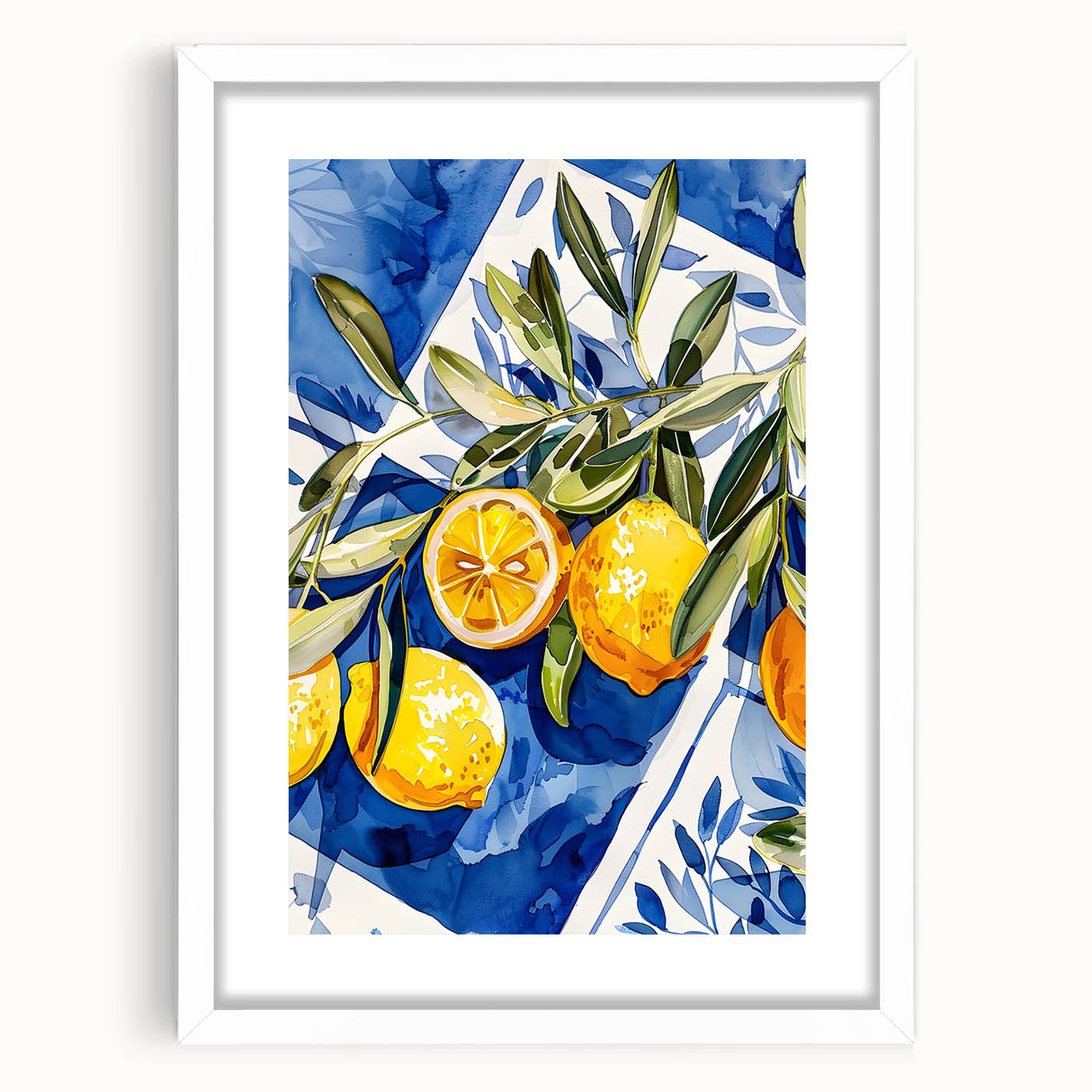 Abstract art print featuring assorted fruits in vivid colors, framed with a white mat, suitable for dining room decor.
