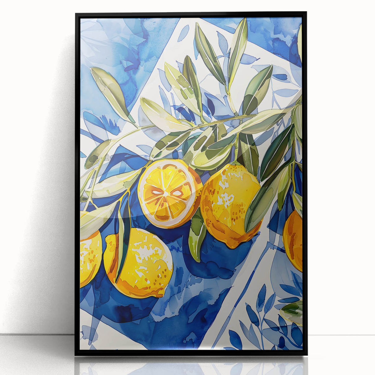 Large abstract wall art featuring assorted fruits in vibrant colors on a black acrylic framed print, ideal for kitchen decor.