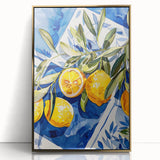 Framed acrylic print featuring an array of fruits in a mid-century modernist style with gold accents.