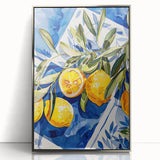 Mid-century modernist art featuring an array of fruits in vibrant colors on a silver-framed acrylic print.