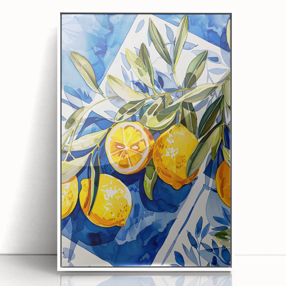 Art deco poster featuring an assortment of fruits in bold colors on a white acrylic framed print.