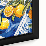 Extra large black wall art featuring colorful, textured fruits on a framed canvas, ideal for living room decor.