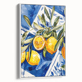 Vintage poster art of colorful fruits on a black background, framed canvas, ideal for living room decor.