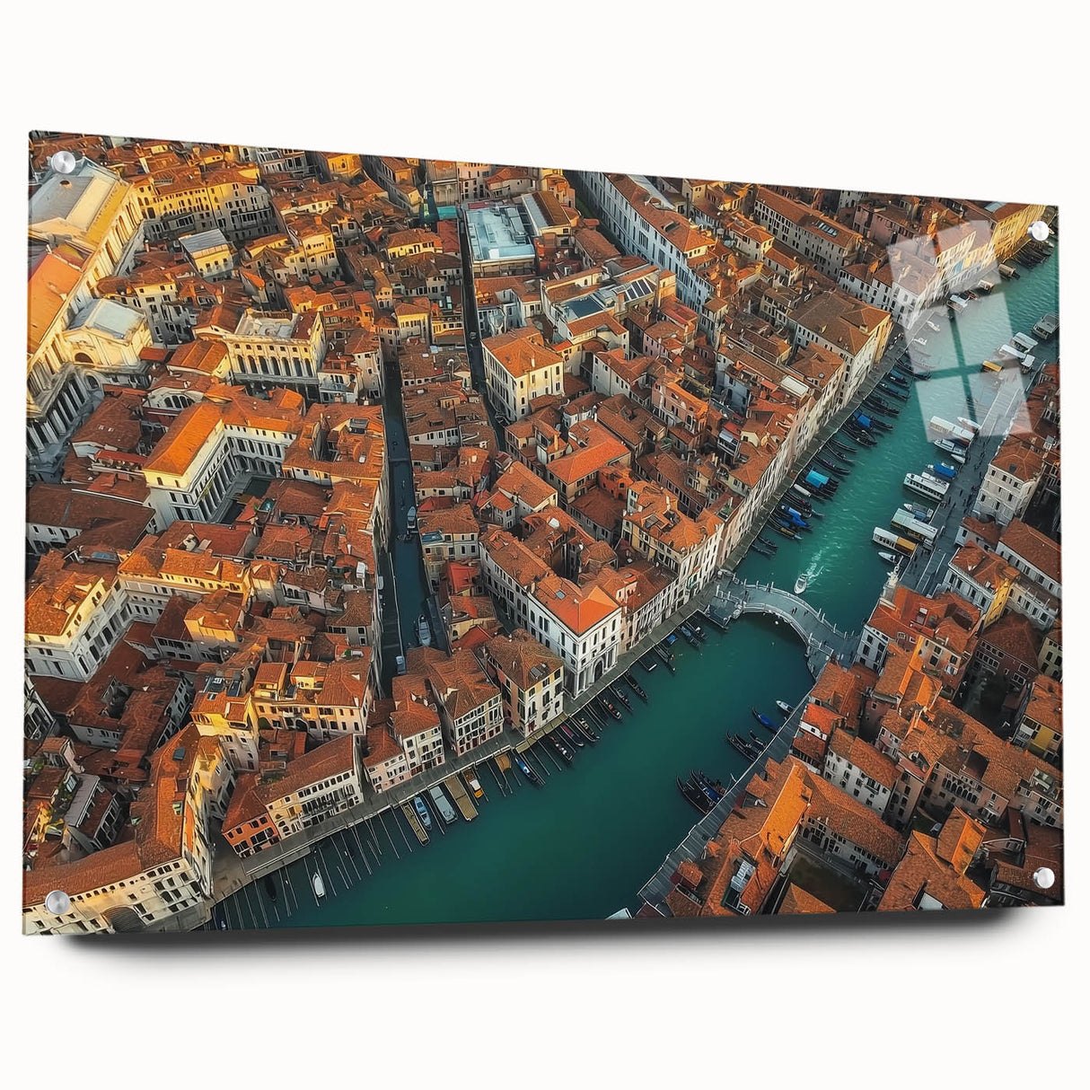 Acrylic glass landscape bridge design showcasing intricate details and vibrant colors, viewed from the side with visible attachment pins, ideal for modern home decor.