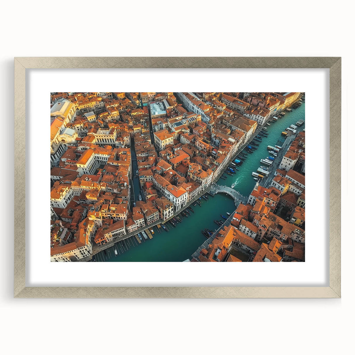 Silver landscape bridge frame showcasing a modern design with a white mat, perfect for displaying artwork or photographs in a stylish home setting.