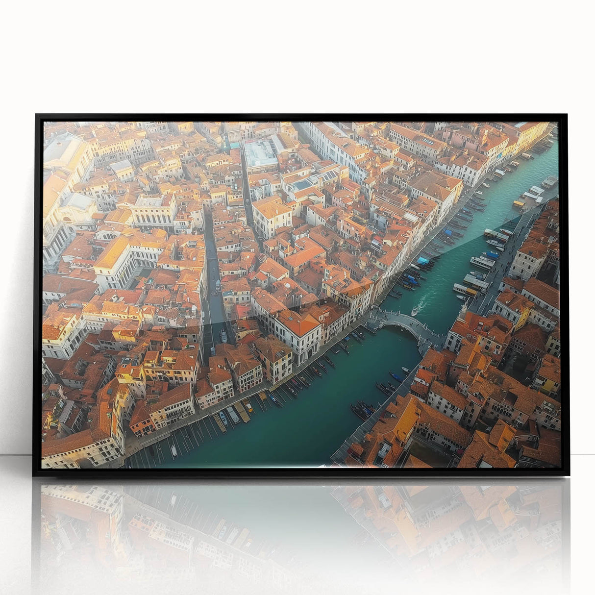 Framed acrylic artwork depicting a serene landscape bridge scene in black frame, showcasing vibrant colors and intricate details, perfect for home decor.