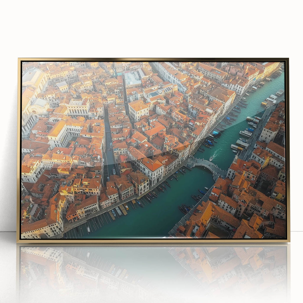 Framed acrylic landscape artwork depicting a serene bridge scene in gold hues, showcasing intricate details and a polished finish, perfect for home decor.