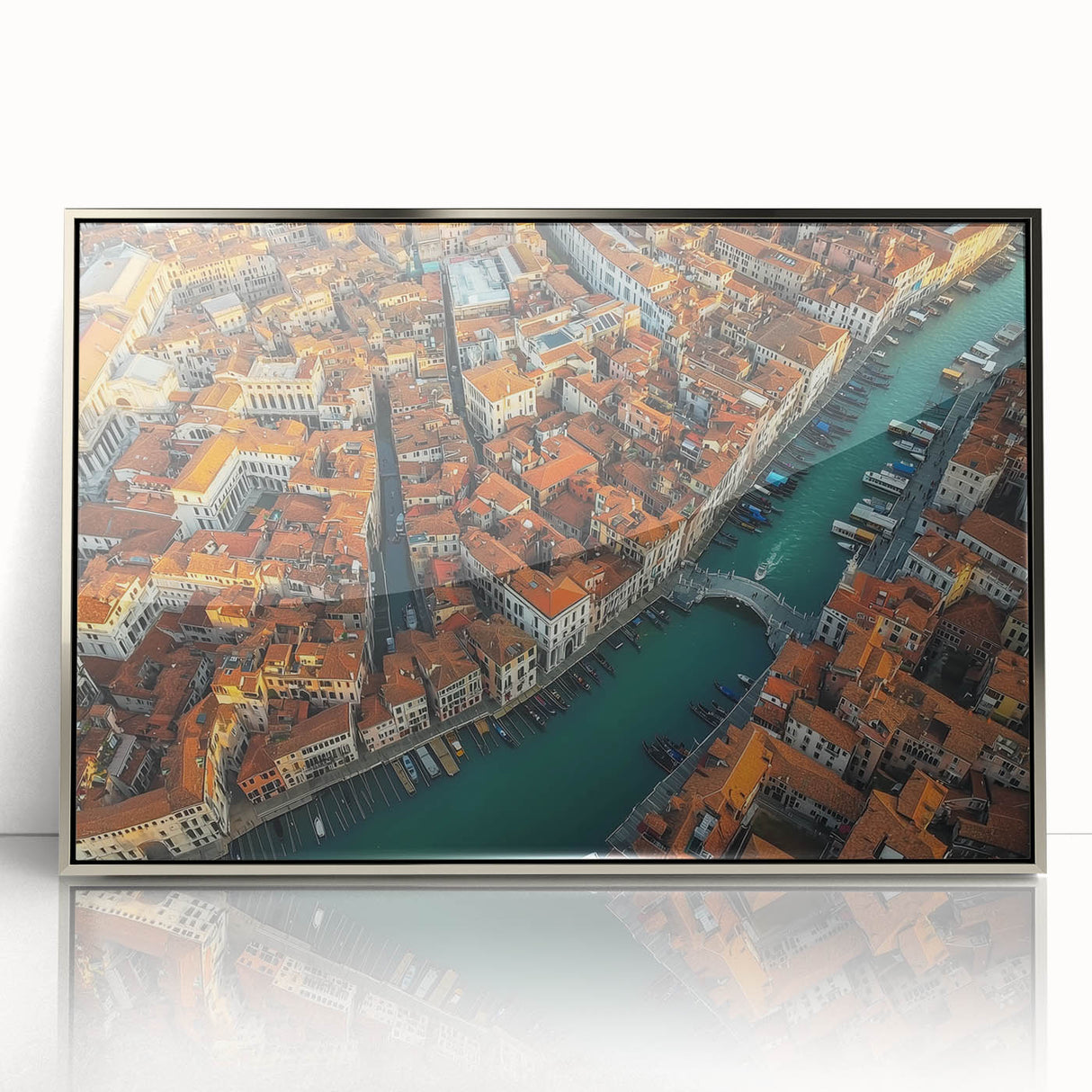 Framed acrylic landscape artwork of a serene bridge scene, showcasing vibrant colors and fine details, perfect for home decor or office aesthetics.