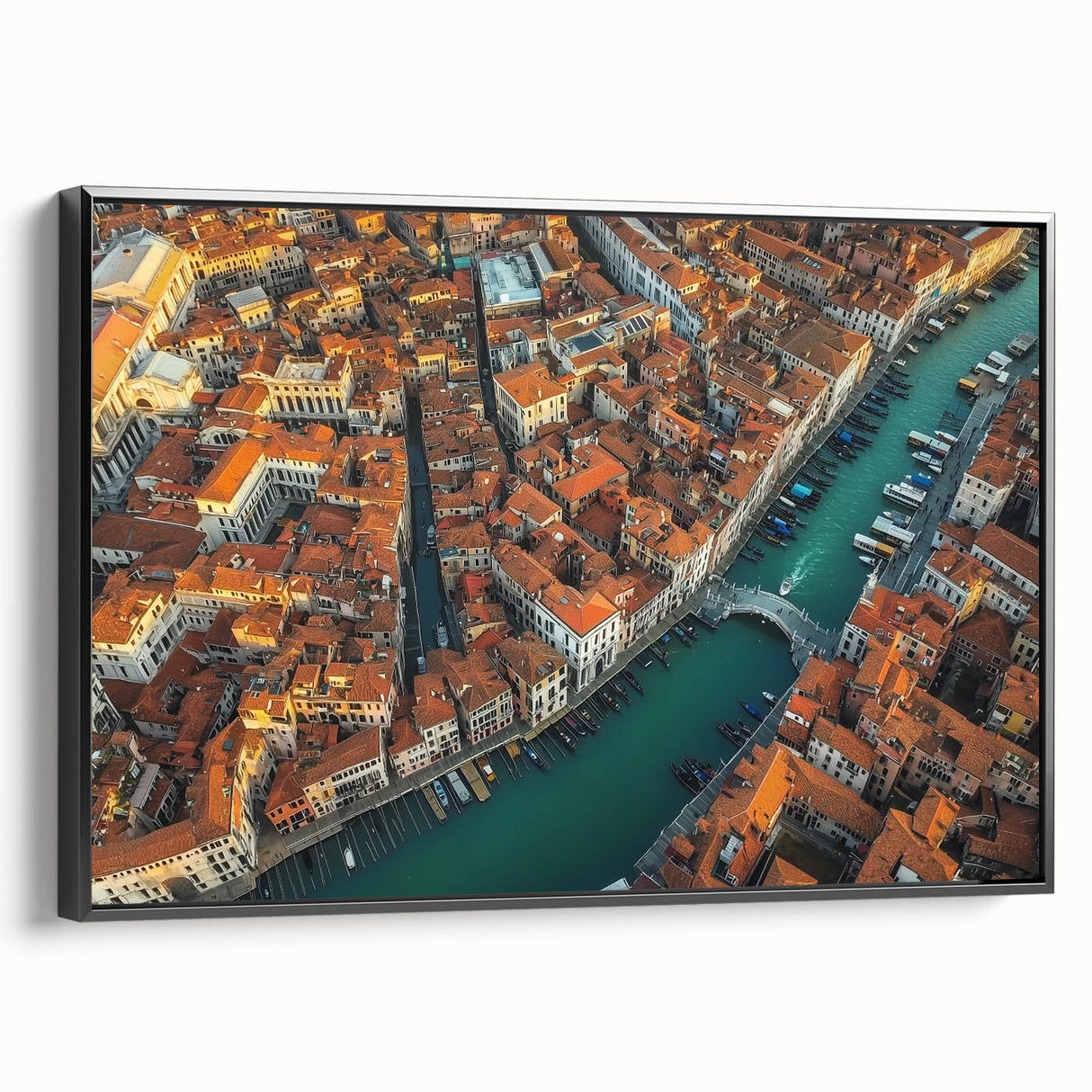 Framed canvas print showcasing a striking landscape bridge design in vivid colors, viewed from the side, ideal for enhancing home decor with artistic flair.