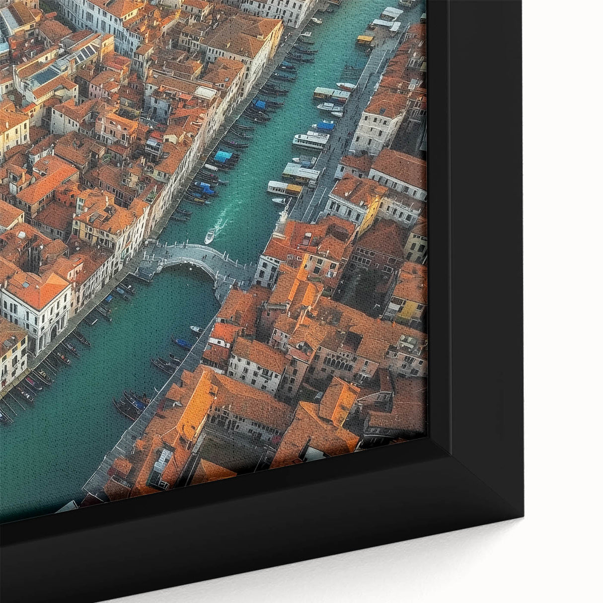 Close-up of a framed canvas print depicting a serene landscape bridge scene, showcasing vibrant colors and intricate details, perfect for home decor enhancement.
