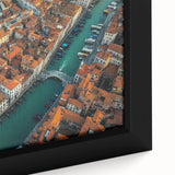Close-up of a framed canvas print depicting a serene landscape bridge scene, showcasing vibrant colors and intricate details, perfect for home decor enhancement.
