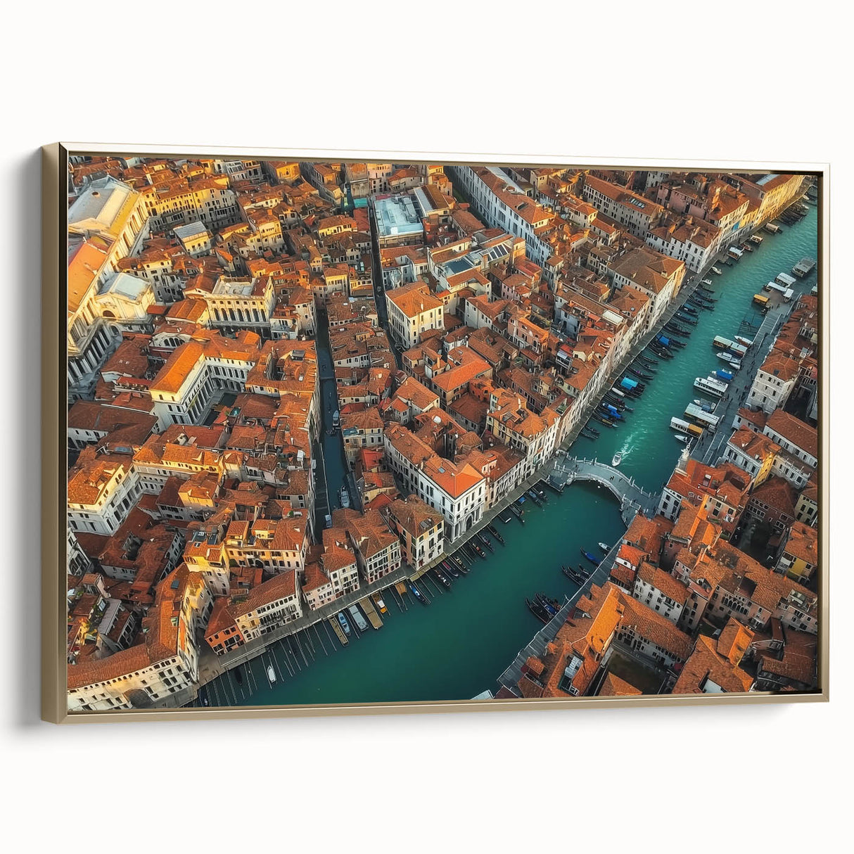 Framed canvas artwork depicting a serene landscape bridge in golden hues, showcasing intricate details and a side view, perfect for enhancing home decor.