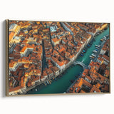 Framed canvas artwork depicting a serene landscape bridge in golden hues, showcasing intricate details and a side view, perfect for enhancing home decor.