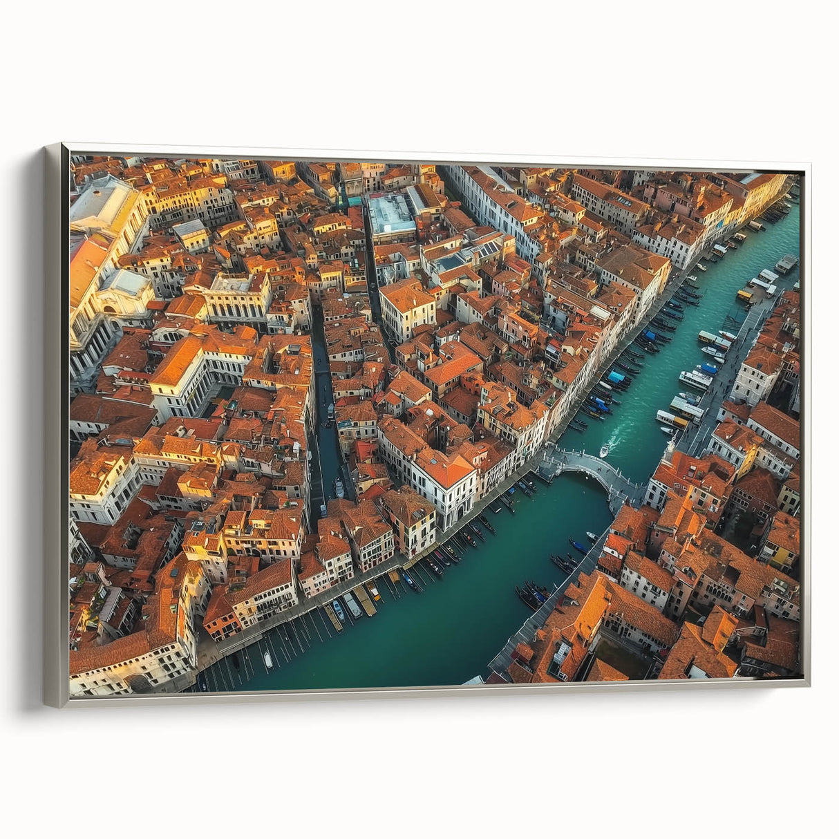 Framed canvas artwork depicting a serene landscape bridge scene, featuring silver accents and a textured finish, ideal for home decor and artistic display.