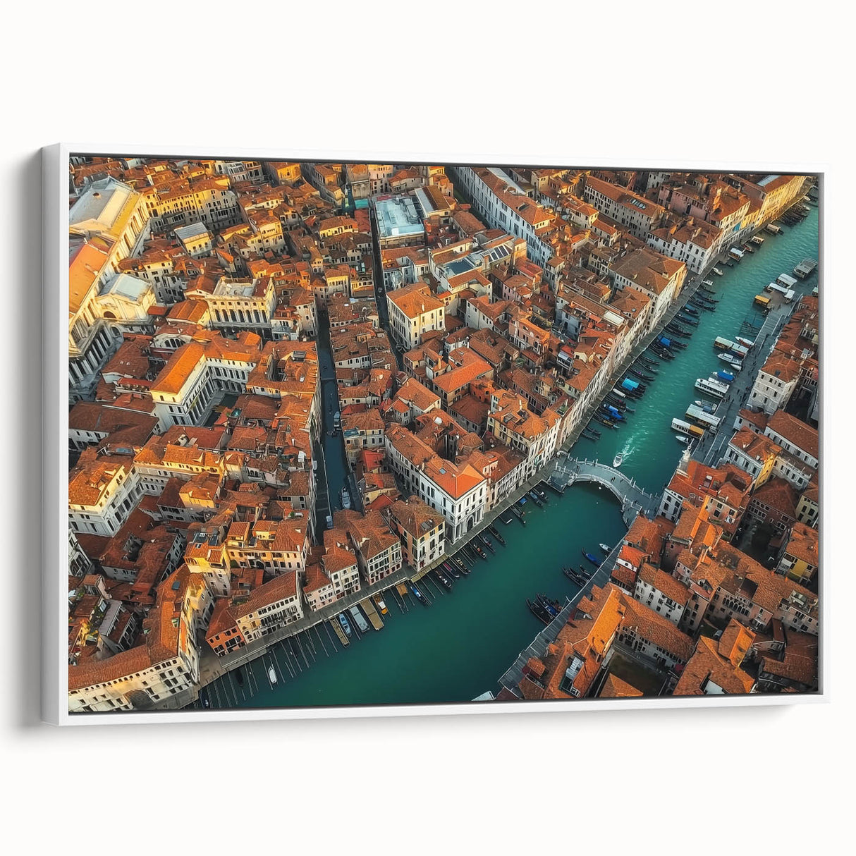 Framed canvas artwork depicting a serene landscape bridge scene in soft pastel colors, set against a white wall, evoking tranquility and elegance for home decor.