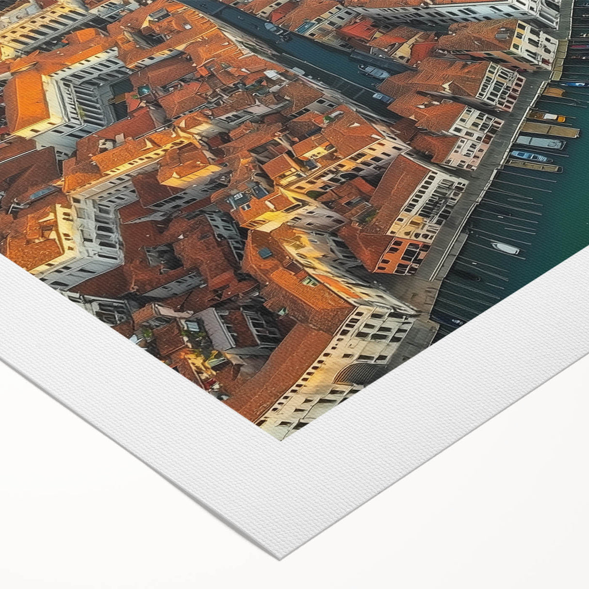Rolled canvas showcasing a vibrant landscape bridge design, featuring rich colors and intricate details, securely packaged in a protective cardboard tube for artwork preservation.
