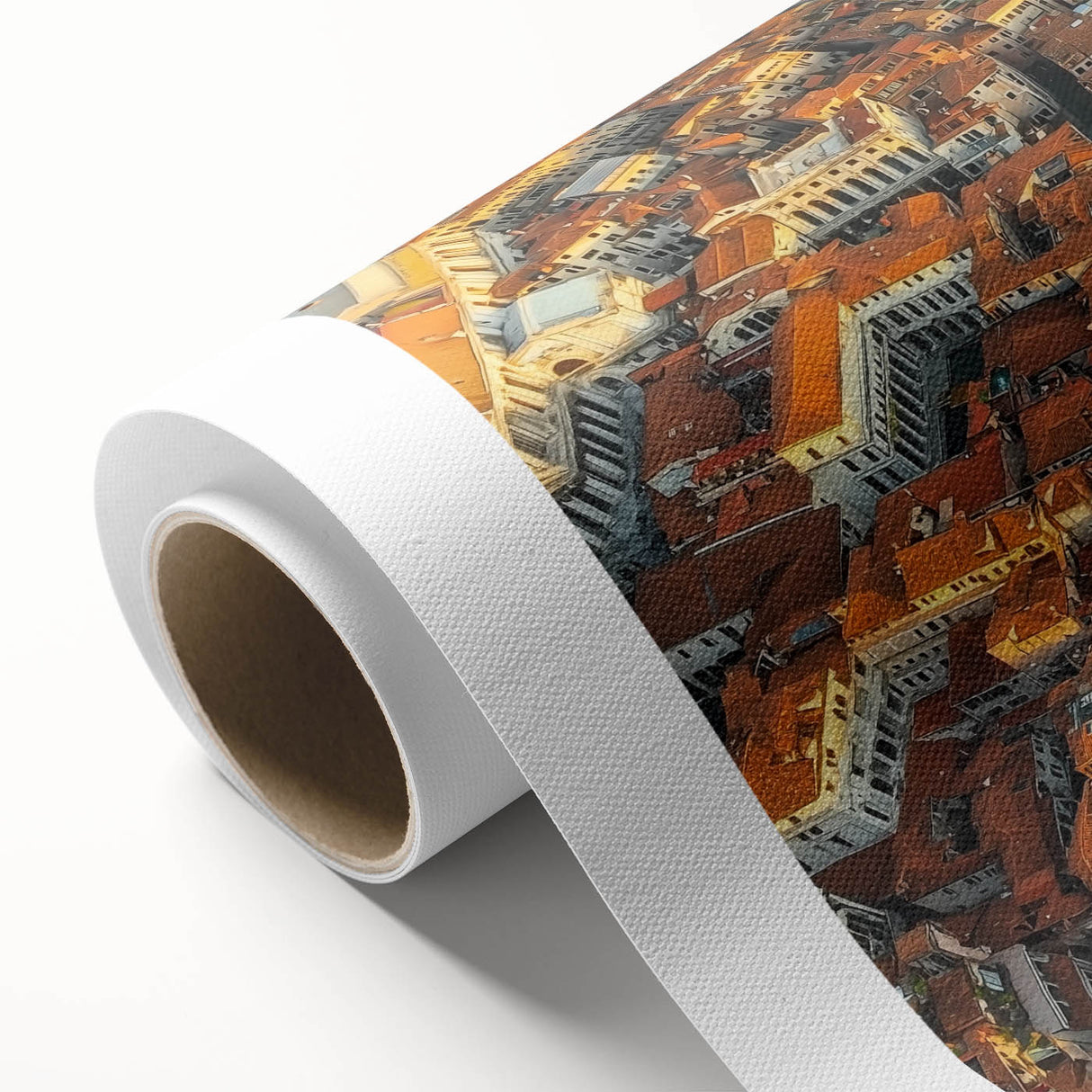 Rolled canvas print showcasing a vibrant landscape bridge design, featuring rich colors and intricate details, carefully packaged in a protective cardboard tube for safe shipping.