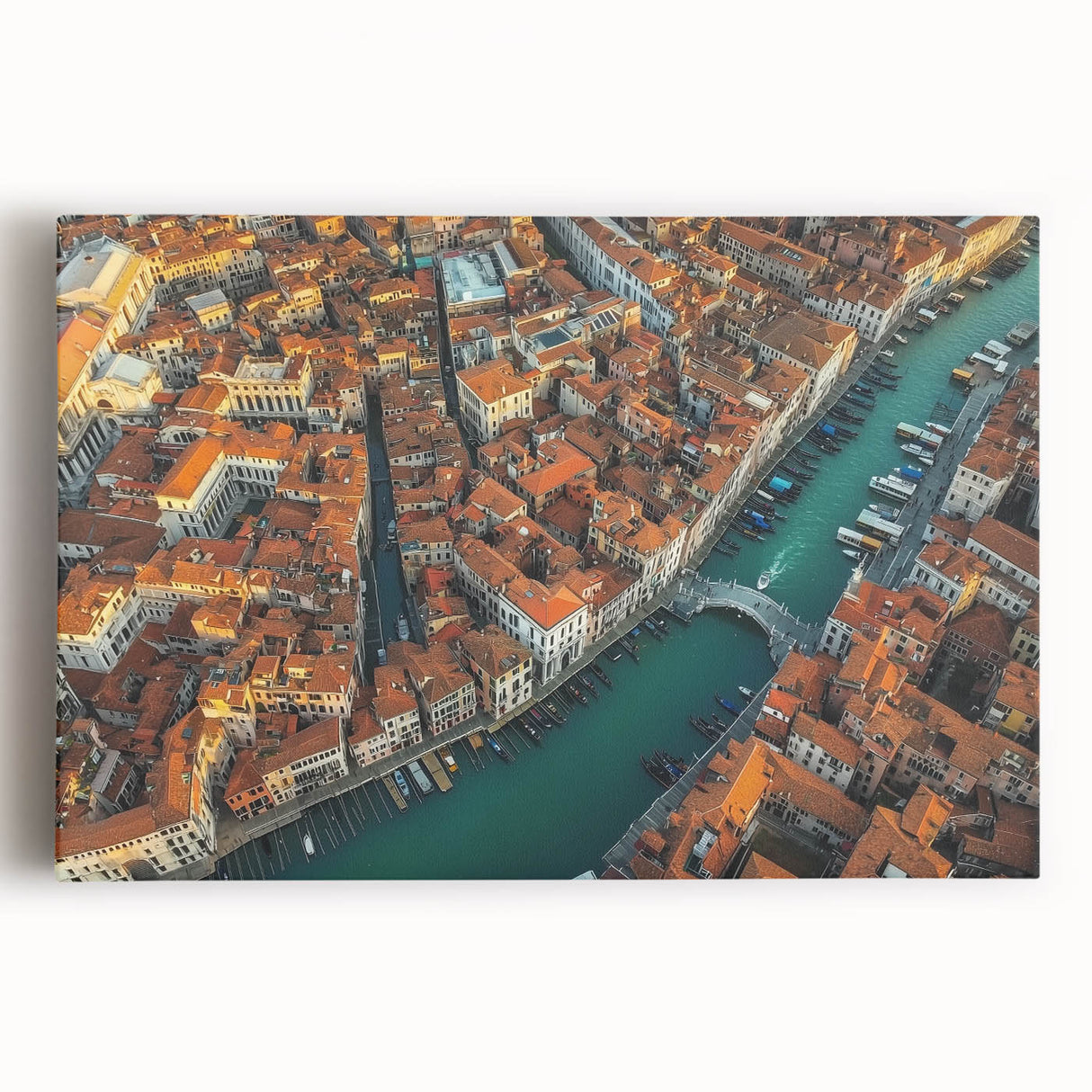 Stretched canvas artwork depicting a vibrant landscape featuring a picturesque bridge, surrounded by lush greenery and a serene sky, ideal for home decor.