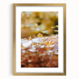 Extra large abstract art print featuring textured layers in warm autumn hues on a gold-framed canvas.