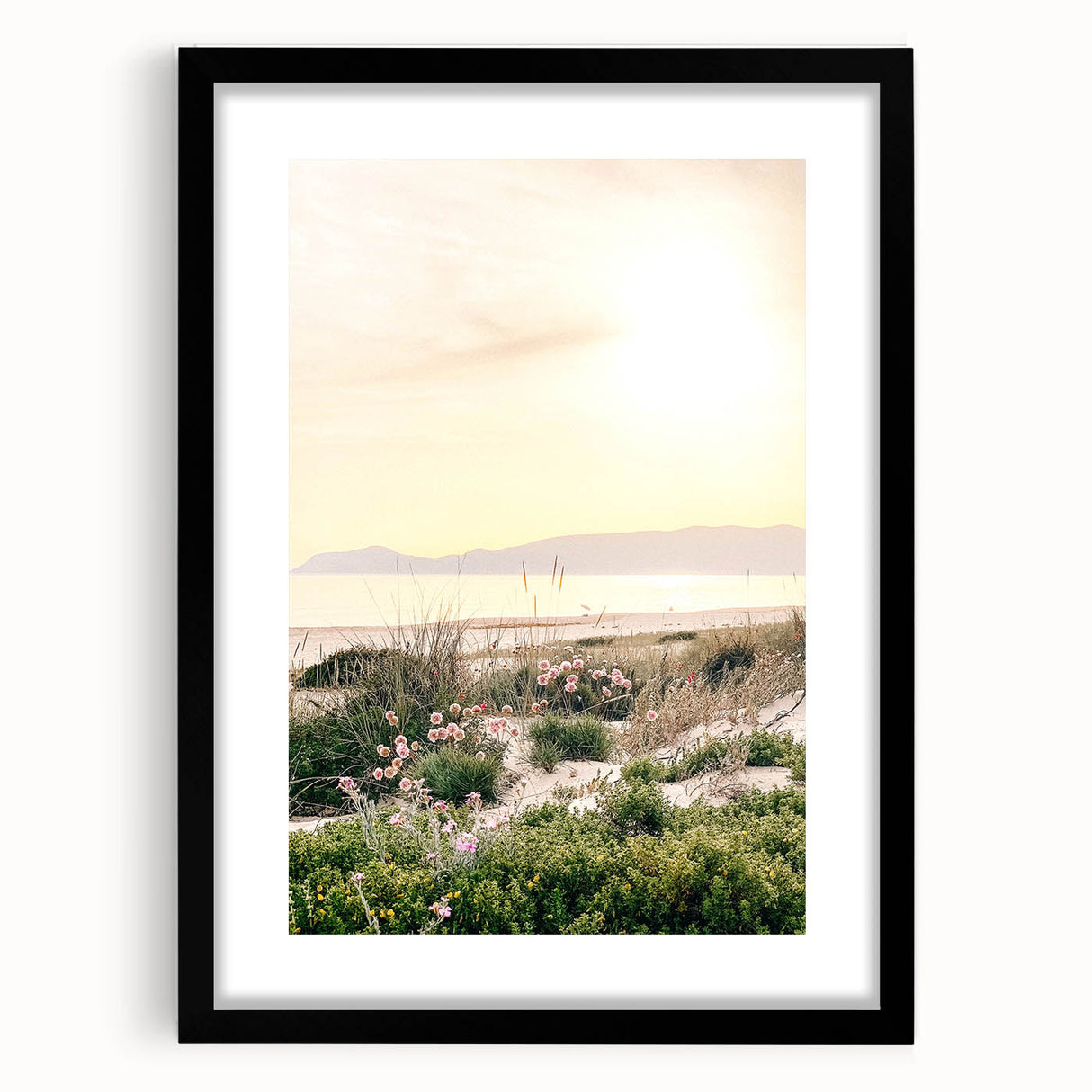 Extra large abstract art print with vibrant summer hues on textured canvas, framed in black, ideal for living room decor.