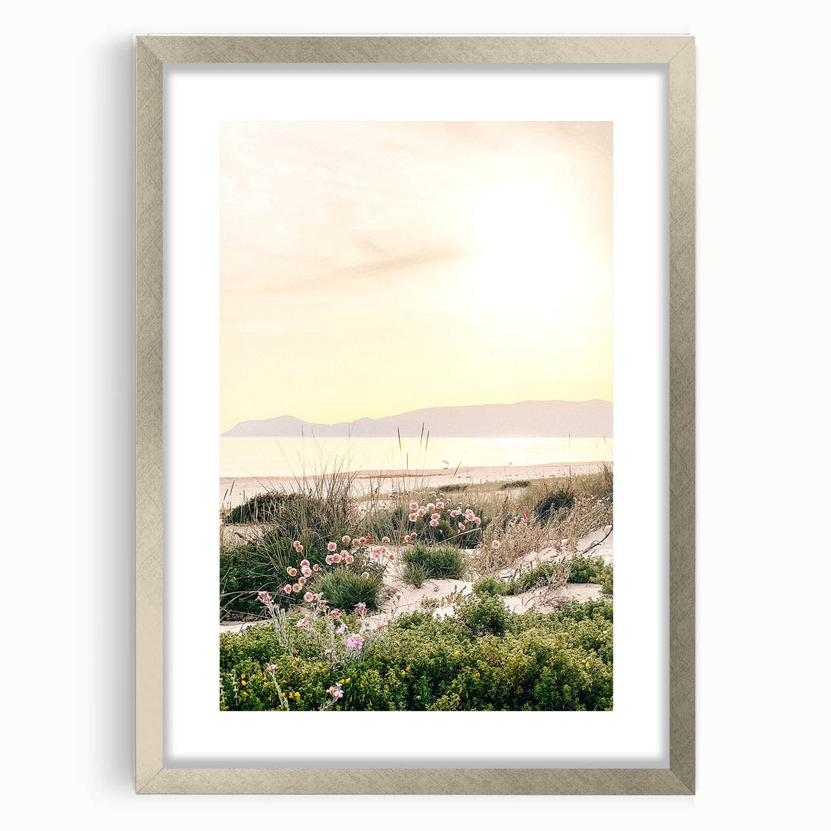 Textured abstract art print in vibrant yellow and orange hues on a framed silver canvas, ideal for bedroom art.