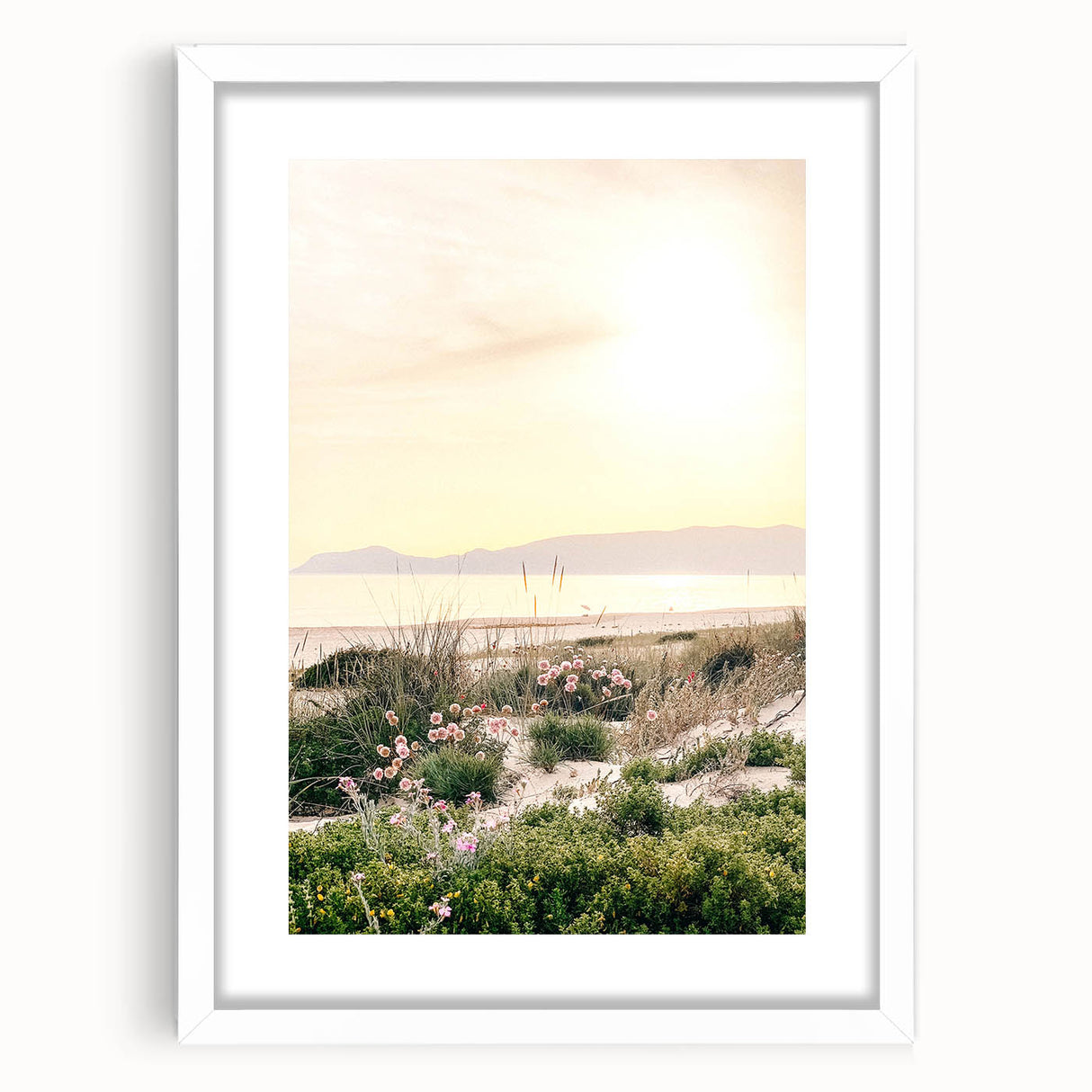 Abstract art print depicting summer season in vibrant orange and yellow tones, framed in white.