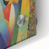 Close-up of an abstract figurative acrylic painting on glass, showcasing vibrant swirling colors and intricate details, perfect for modern decor enhancement.