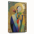 Abstract figurative acrylic artwork displayed from the side, showcasing vibrant colors and intricate pin details on glass, perfect for modern decor.